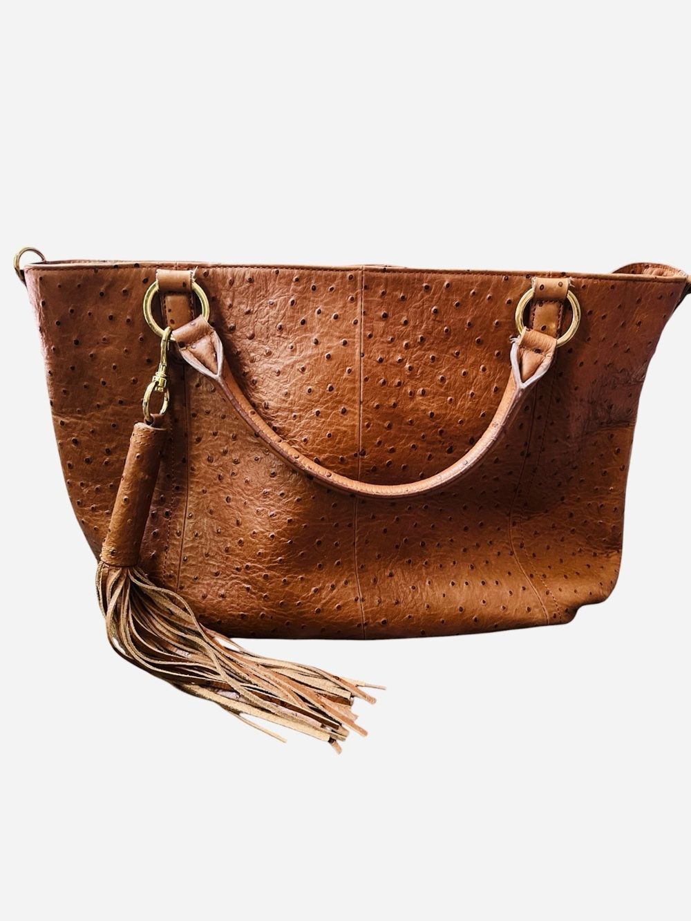 GILI Oversized Italian Leather Ostrich Embossed Tote Bag Brown Tassel